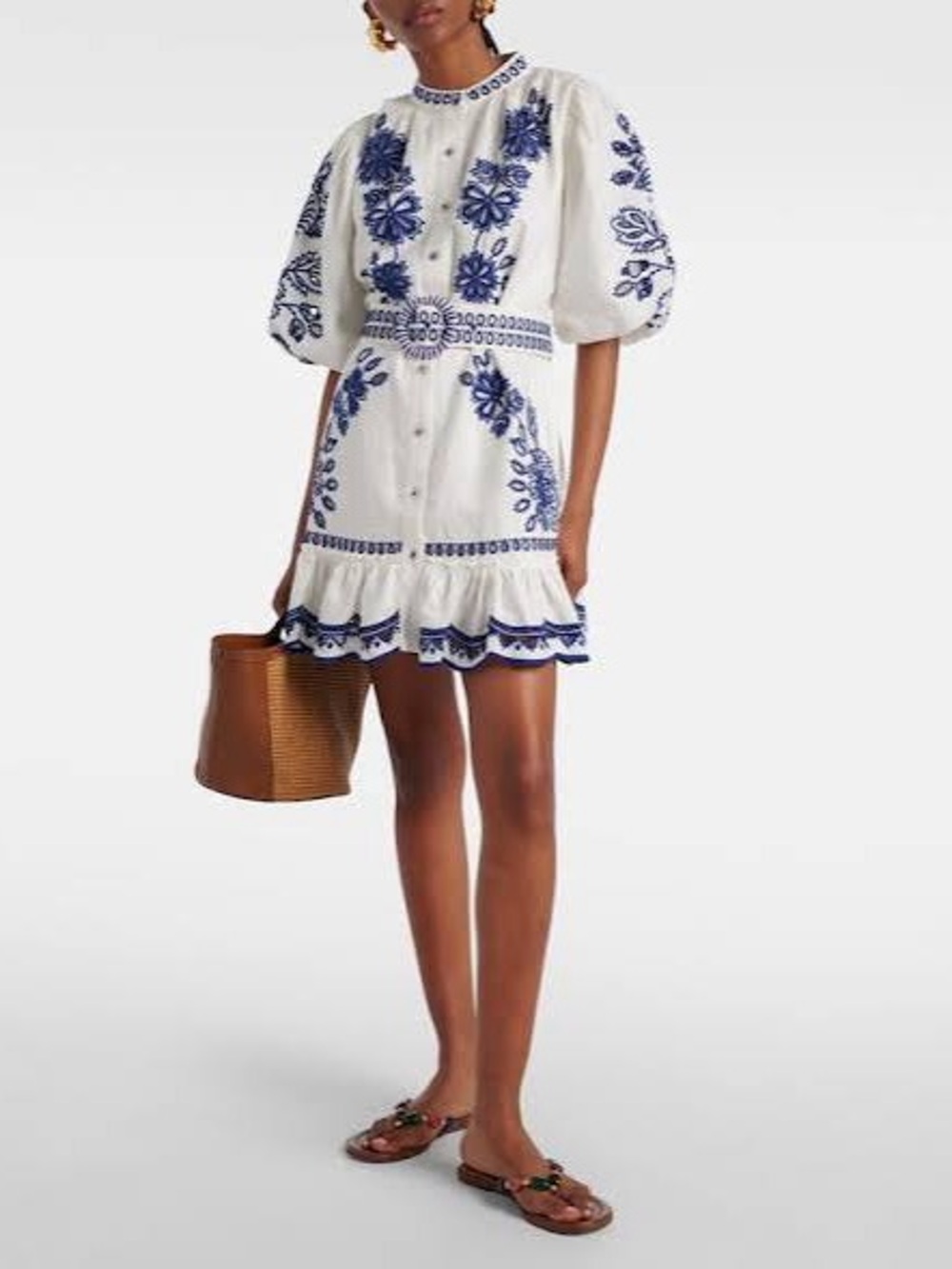 Farm Rio White Linen Mini Dress with Blue Embroidery